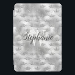 Glam Silver Foil Glitter Crown Pattern Monogram iPad Pro Cover<br><div class="desc">Add a touch of glamour with this chic design,  featuring a faux glitter crown pattern on a faux silver foil background. Personalize it with your initial in white serif font and your name in modern charcoal gray calligraphy script.</div>