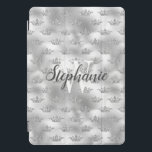 Glam Silver Foil Glitter Crown Pattern Monogram iPad Pro Cover<br><div class="desc">Add a touch of glamour with this chic design,  featuring a faux glitter crown pattern on a faux silver foil background. Personalize it with your initial in white serif font and your name in modern charcoal gray calligraphy script.</div>