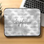 Glam Silver Foil Glitter Crown Pattern Monogram Laptop Sleeve<br><div class="desc">Add a touch of glamour to your laptop with this chic sleeve,  featuring a faux glitter crown pattern on a faux silver foil background. Personalize it with your initial in white serif font and your name in modern charcoal gray calligraphy script.</div>