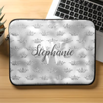 Glam Silver Foil Glitter Crown Pattern Monogram Laptop Sleeve