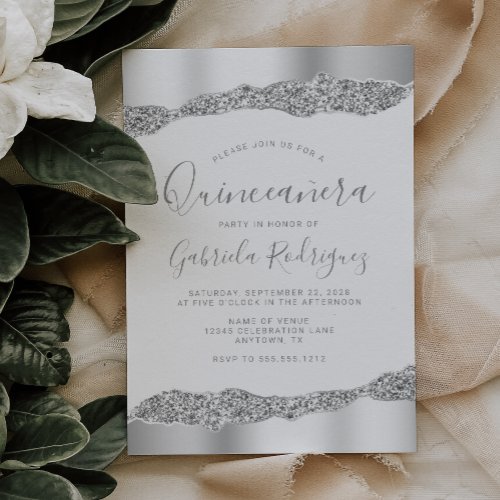 Glam Silver Foil Glitter Quinceaera Invitation