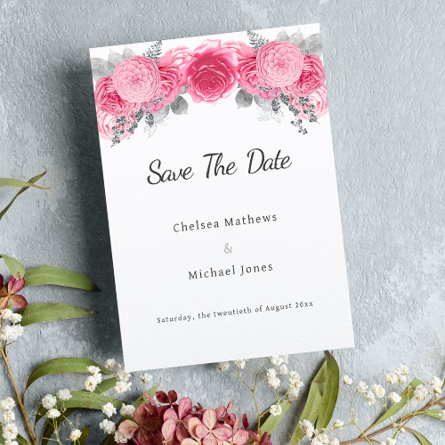 Glam silver gliter white pink flora Save The Date 