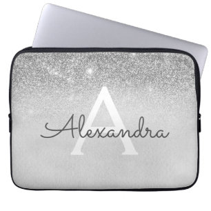 Glam Silver Glitter and Sparkle Chic Monogrammed Laptop Sleeve