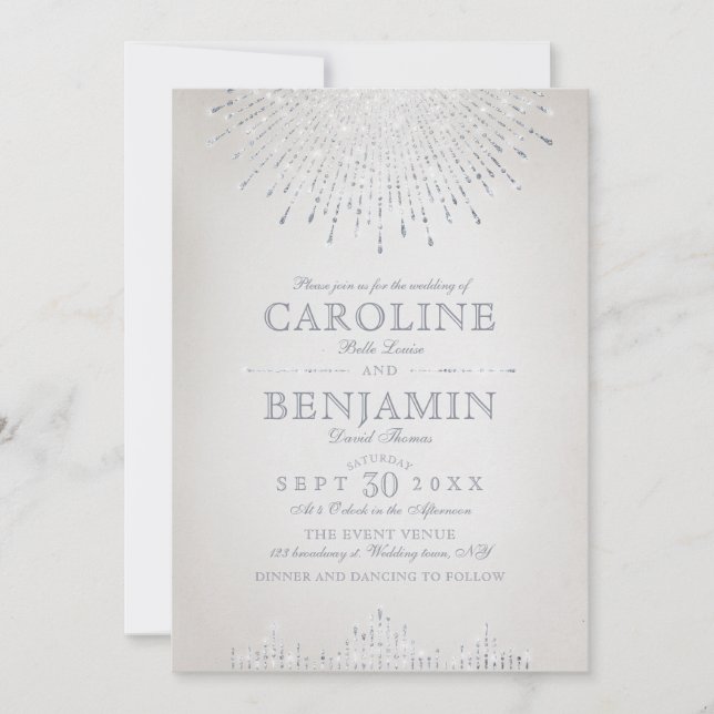 Glam silver glitter art deco vintage wedding invitation (Front)
