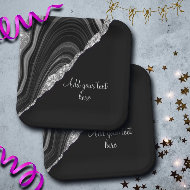 Glam Silver Glitter Black Festive Paper Plates (Creator Uploaded)