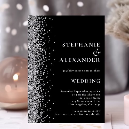 Glam Silver Glitter Black QR Code Wedding Invitation