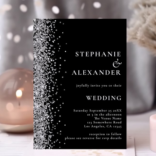 Glam Silver Glitter Black QR Code Wedding Invitation (Creator Uploaded)