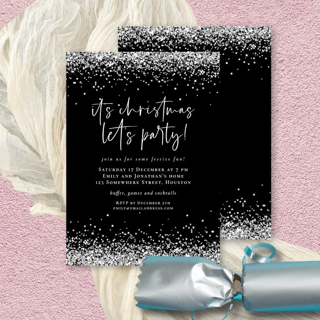 Glam Silver Glitter Christmas Lets Party Invitation (Front and back view)