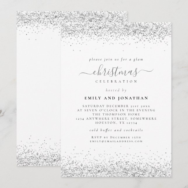 Glam Silver Glitter Christmas Party Invite (Front/Back)
