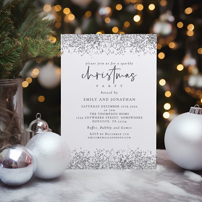 Glam Silver Glitter Christmas Party White Invitation (Available digitally and printed)