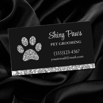 Glam Silver Glitter Dog Paw Print Pet Grooming Business Card by tyraobryant at Zazzle