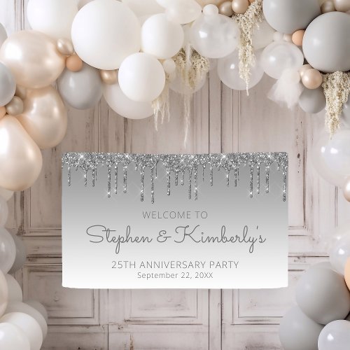 Glam Silver Glitter Drip 25th Anniversary Party Banner
