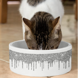 Glam Silver Glitter Drips Chic Pet Dog Bowl