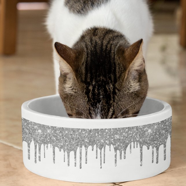 Glam Silver Glitter Drips Chic Pet Dog Bowl (Creator Uploaded)