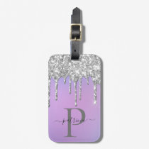 Glam Silver Glitter Drips Elegant Monogram Luggage Tag
