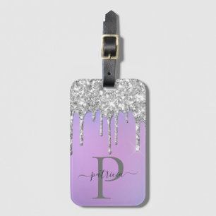 Glam Silver Glitter Drips Elegant Monogram Luggage Tag