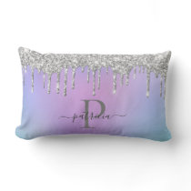 Glam Silver Glitter Drips Elegant Monogram   Lumbar Pillow