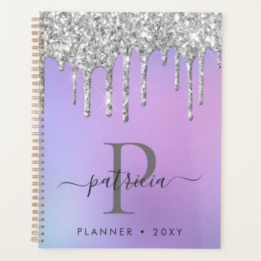 Glam Silver Glitter Drips Elegant Monogram  Planner