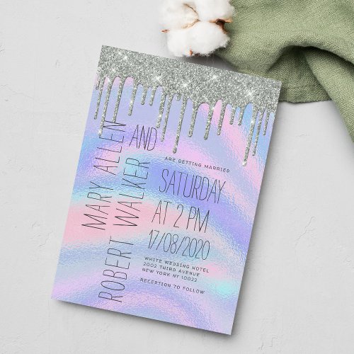 Glam Silver Glitter Drips Pink Holographic Wedding Invitation