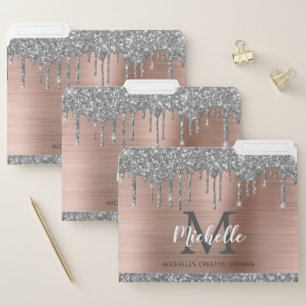 Glam Silver Glitter Drips Rose Gold Monogram  File Folder