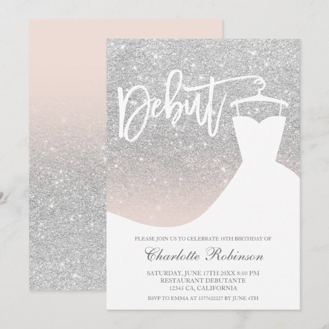 Glam silver glitter elegant chic dress 18th Debut Invitation (Front/Back)