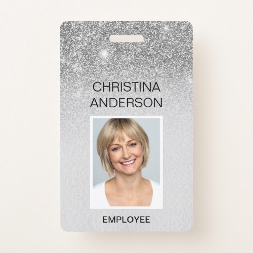 Glam Silver Glitter Employee Name Photo Corporate Badge