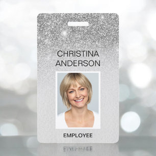 Glam Silver Glitter Employee Name Photo Corporate Badge