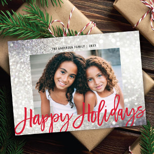 Glam Silver Glitter Happy Holidays Script 1 Photo Holiday Card