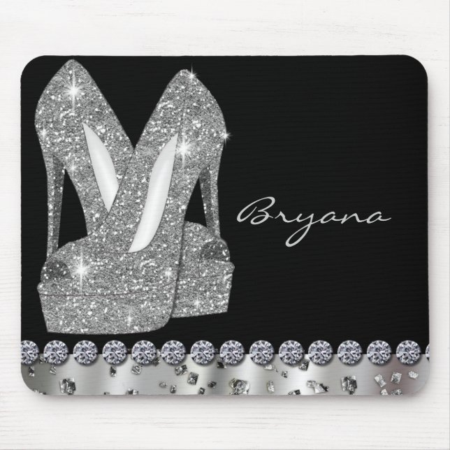Glam Silver Glitter High Heels Shoes Mouse Pad (Front)