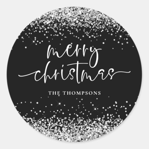 Glam Silver Glitter Merry Christmas Black Classic Round Sticker