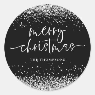 Glam Silver Glitter Merry Christmas Black Classic Round Sticker