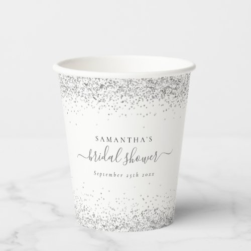 Glam Silver Glitter Name Date Bridal Shower Paper Cups