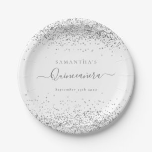 Glam Silver Glitter Name Date Quinceañera Paper Plates