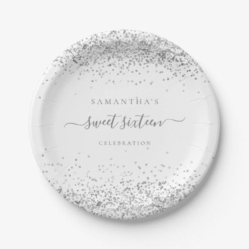 Glam Silver Glitter Name Date Sweet Sixteen Party Paper Plates
