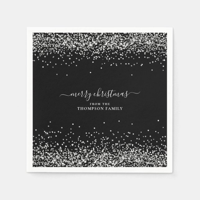 Glam Silver Glitter Name Merry Christmas Black Napkins (Front)