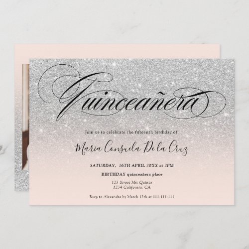 Glam silver glitter ombre script pink quinceaera invitation
