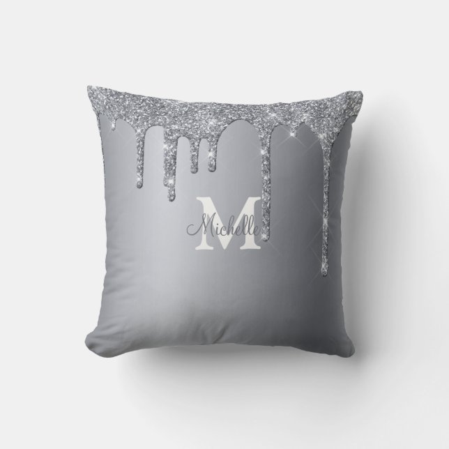 Glam Silver Glitter Personalized Monogram Throw Pillow (Front)