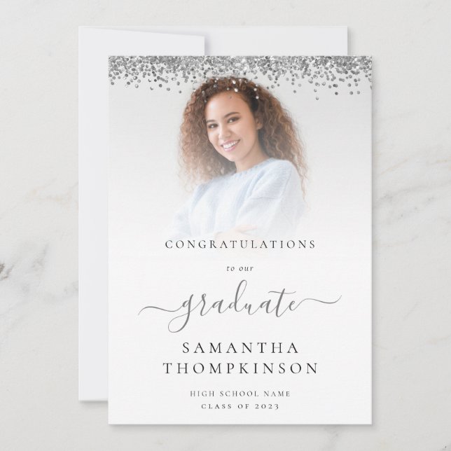 Glam Silver Glitter Photo 2024 Graduation Announcement (Front)