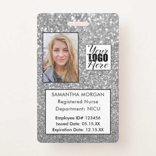 Glam Silver Glitter Photo Logo Employee ID Badge