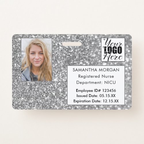 Glam Silver Glitter Photo Logo Employee ID Badge