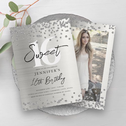 Glam Silver Glitter Photo Sweet 16 Party Invitation