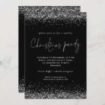 Glam Silver Glitter Script Christmas Party Black Invitation