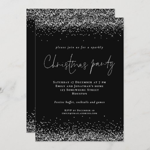 Glam Silver Glitter Script Christmas Party Black Invitation