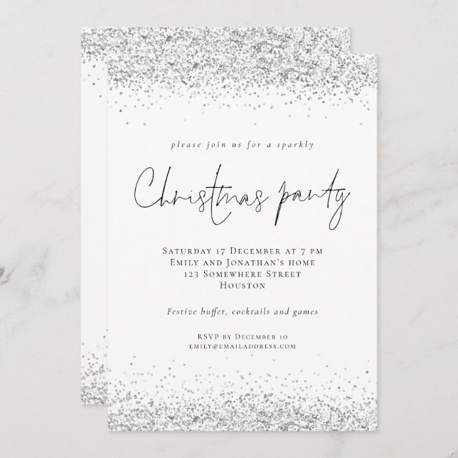 Glam Silver Glitter Script Christmas Party Invitation (Front/Back)