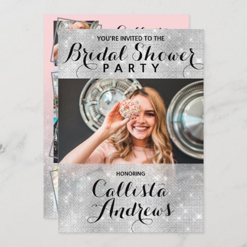 Glam Silver Glitter Sequins Photo Bridal Shower Invitation