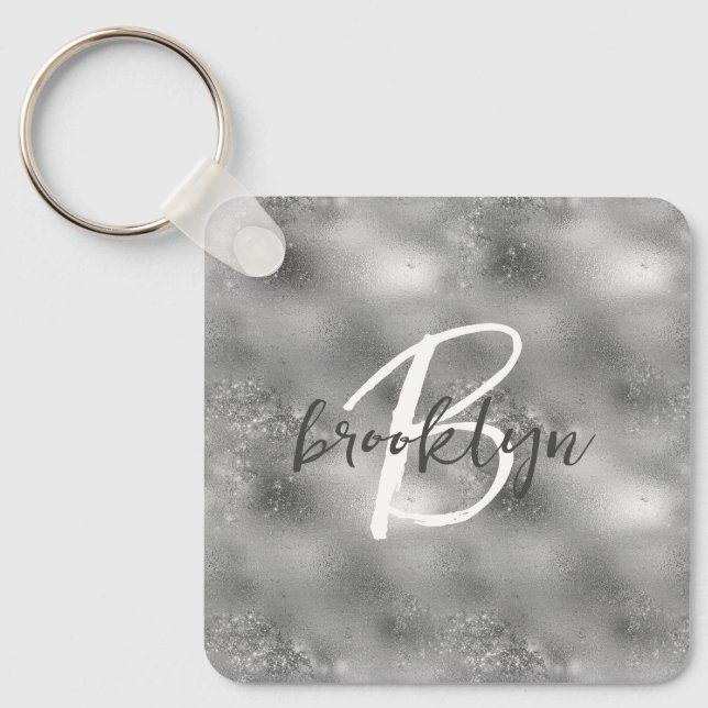 Glam Silver Glitter Sparkle Monogram  Keychain (Front)