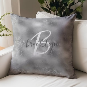 Glam Silver Glitter Sparkle Monogram Throw Pillow