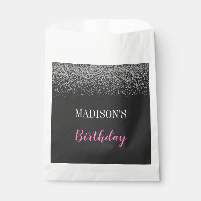 Glam Silver Glitter Sparkles Black & Pink Birthday Favor Bag (Front)
