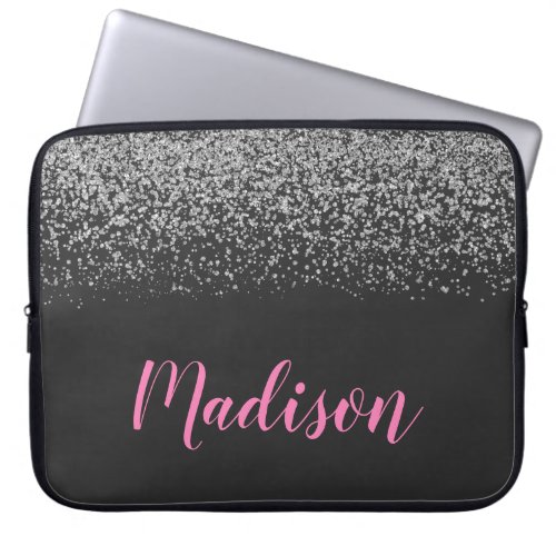 Glam Silver Glitter Sparkles Black  Pink Name Laptop Sleeve
