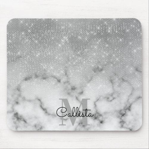 Glam Silver Glitter White Marble Ombre Monogram Mouse Pad